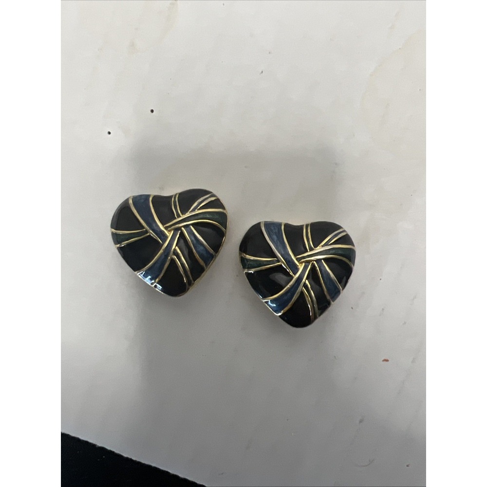 Vintage Gold-Tone Black And Blue Enamel Swirled Heart Clip On Earrings